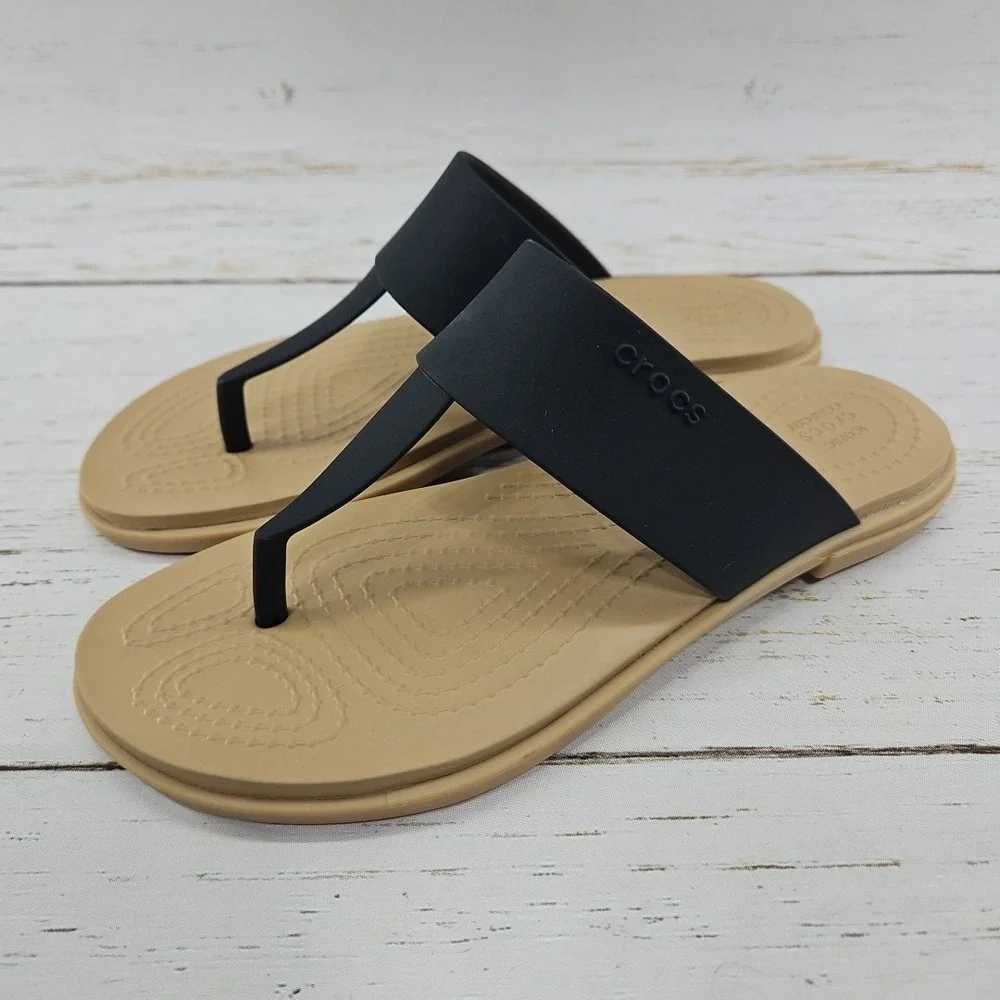 Crocs Tulum Womens Size 4 Black Flip Flop T Strap Slide Sandal‎ Beach 206752